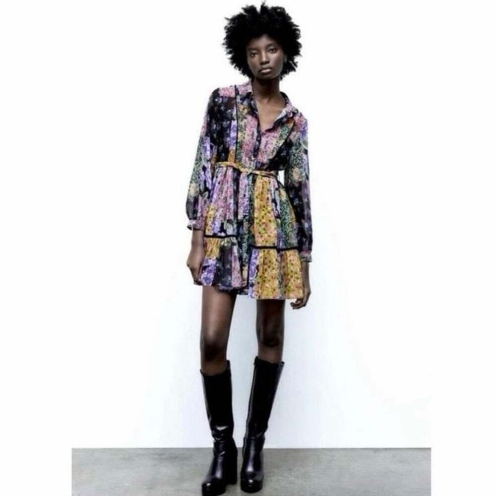 Zara Floral Patchwork Mini Dress XS Sheer Chiffon Tiered Belted Boho